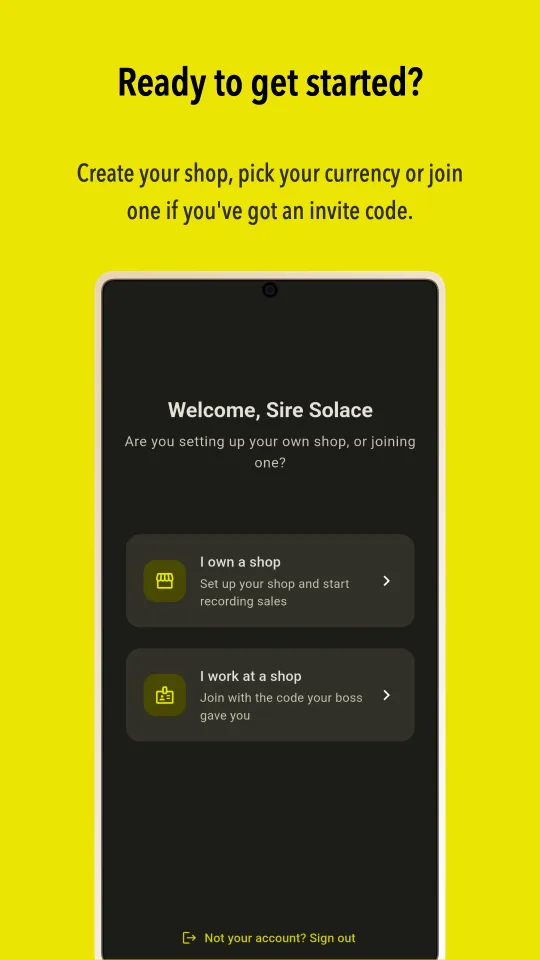 Welcome screen: set up your own shop or join one with an invite code