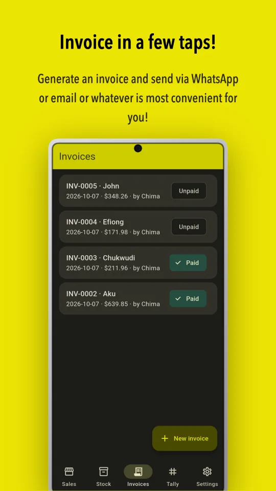 Invoices list with paid and unpaid invoices