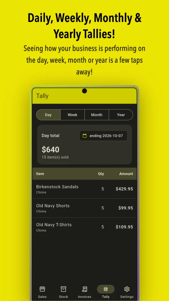 Tally screen with day, week, month and year totals