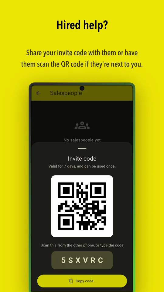 Invite code and QR code for adding a salesperson